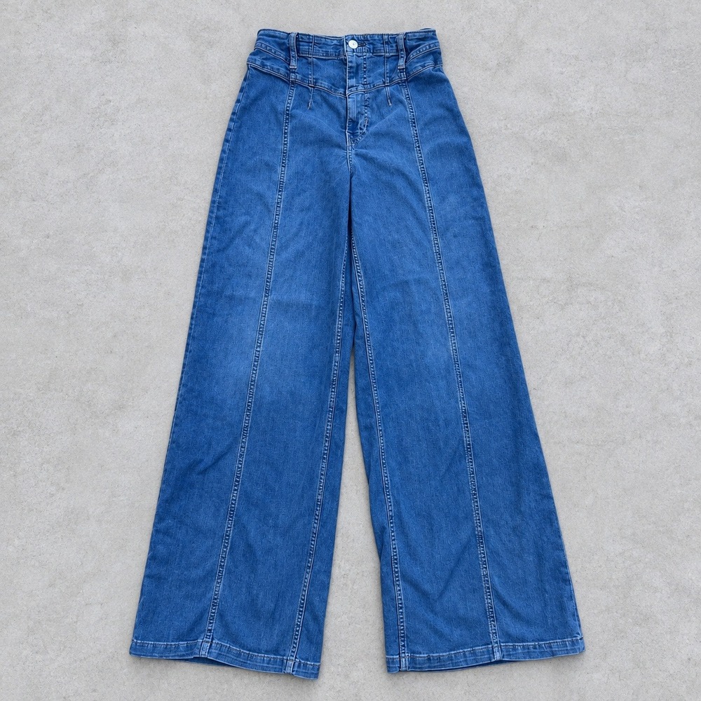 We The Free Free People Wide Leg Jeans Blue Seamed High Rise Corset Waist 27